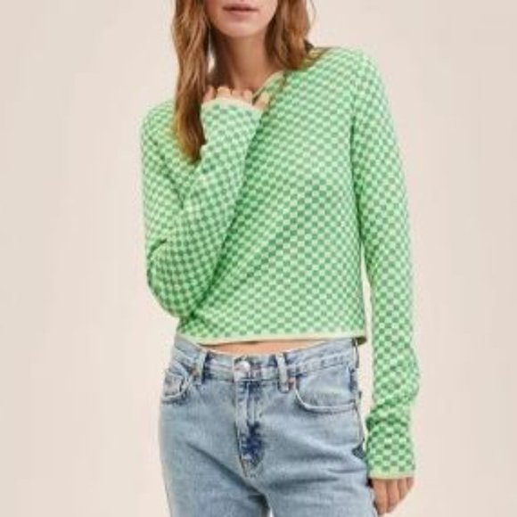 Mango Green Checkered Cropped Knit Sweater - Picture 1 of 6